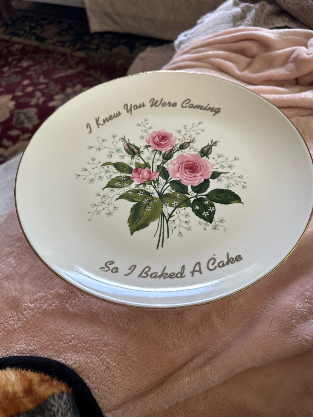 Vintage 1950’s Floral Pink Rose Pedestal Cake Plate - "I Knew You Were Coming"